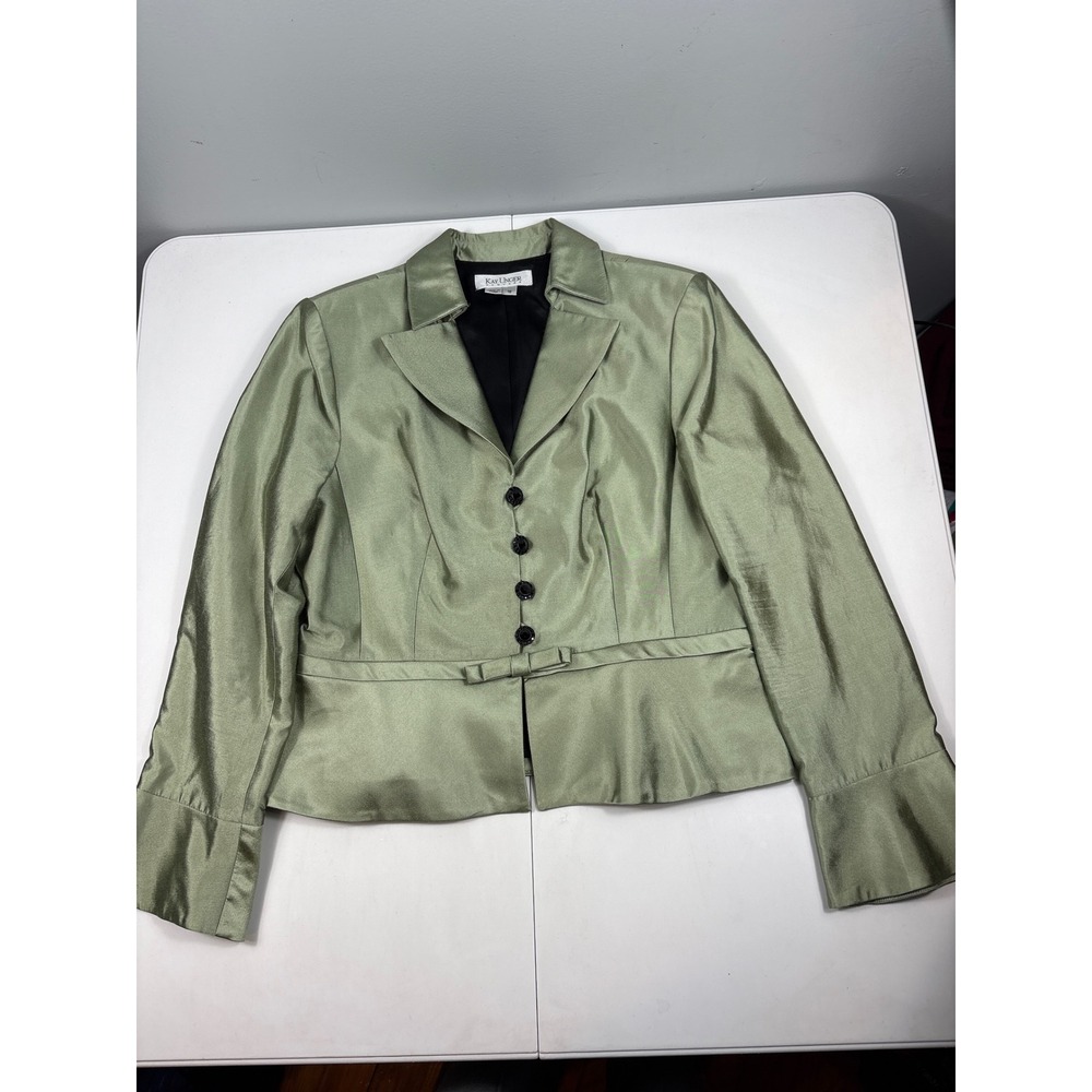 Kay Unger New York Silk Blend Peplum Blazer Sage Green Bow Jewel Buttons‎ 16